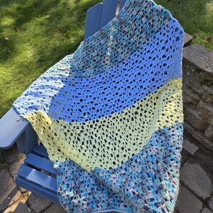 Hand Crocheted Baby Afghan Blanket Blue & Yellow